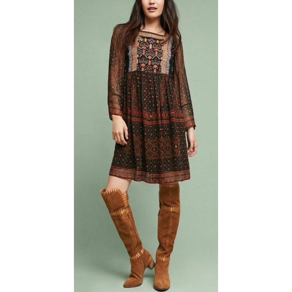 ANTHROPOLOGIE Akemi & Kin Munro Embroidered Boho‎ Long Sleeve Tunic Dress Size M